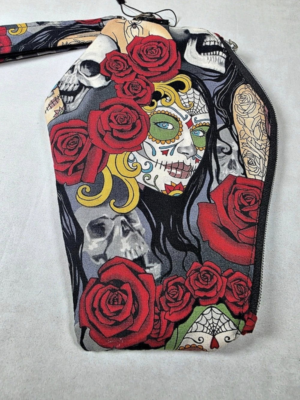 Handmade Coffin Wristlet Pouch Alexander Henry Nocturna Tattoo Sugar Skull Goth
